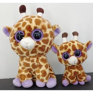 Lot Of 2 Ty Beanie Boos Safari Giraffe 10" 6" Plush Solid Purple Eyes